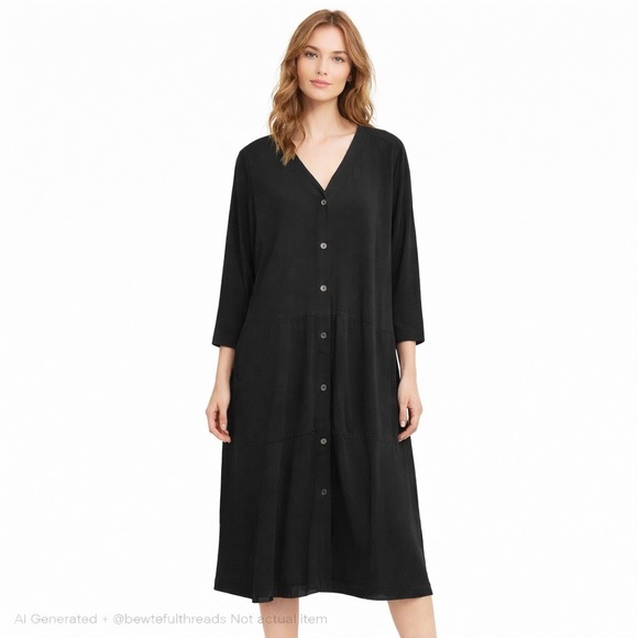 Q’Neel Dresses & Skirts - Q|NEEL Nordic Design Est L/XL Black Button Front A-Line Midi Dress